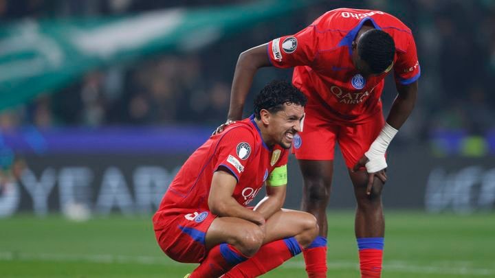 ក្រុម Parisians Marquinhos និង Pacho ទល់នឹង Sporting Portugal ថ្ងៃទី 20 ខែមករា ឆ្នាំ 2026។ (FILIPE AMORIM / AFP)