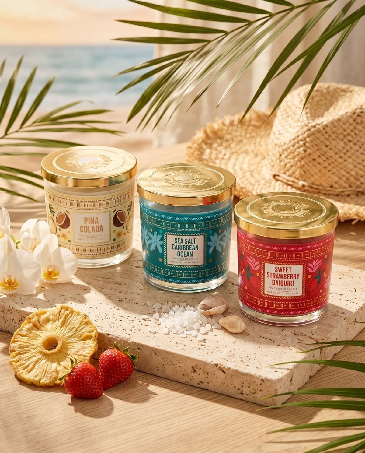 រូបភាពនៃទៀនថ្មីពី Home Bargains ជាមួយនឹងផ្ទៃខាងក្រោយថ្ងៃបុណ្យត្រូពិច 
