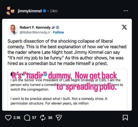 Jimmy Kimmel វាយបកទៅលើ Robert F. Kennedy Jr. ចំពេលមានការធ្លាក់ចេញពីកម្មវិធី The Stephen Colbert Show