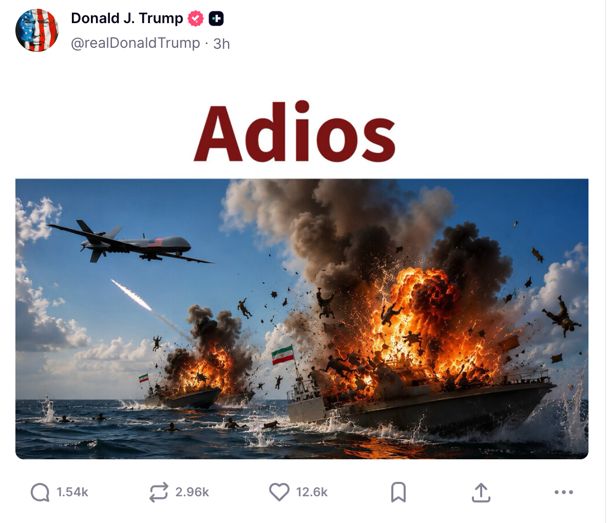 លោក Trump ក៏បានចែករំលែកនូវអ្វីដែលហាក់ដូចជារូបភាពដែលបង្កើតដោយ AI នៃគ្រាប់បែកដែលត្រូវបានទម្លាក់នៅលើកប៉ាល់អ៊ីរ៉ង់