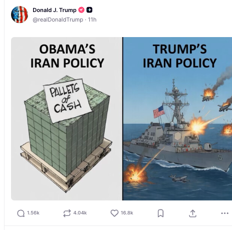 Trump បានចេញផ្សាយរូបថ្លុកមួយដែលប្រៀបធៀបគោលនយោបាយអ៊ីរ៉ង់របស់គាត់ទៅនឹងអតីតប្រធានាធិបតី Barack Obama និងពណ៌នាពីគណបក្សប្រជាធិបតេយ្យបានប្រគល់