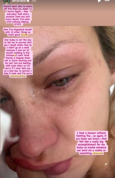 Bella Hadid ចែករំលែកបច្ចុប្បន្នភាពសុខភាពដ៏ក្រៀមក្រំបន្ទាប់ពីការផ្ទុះជំងឺ Lyme ដ៏ឈឺចាប់