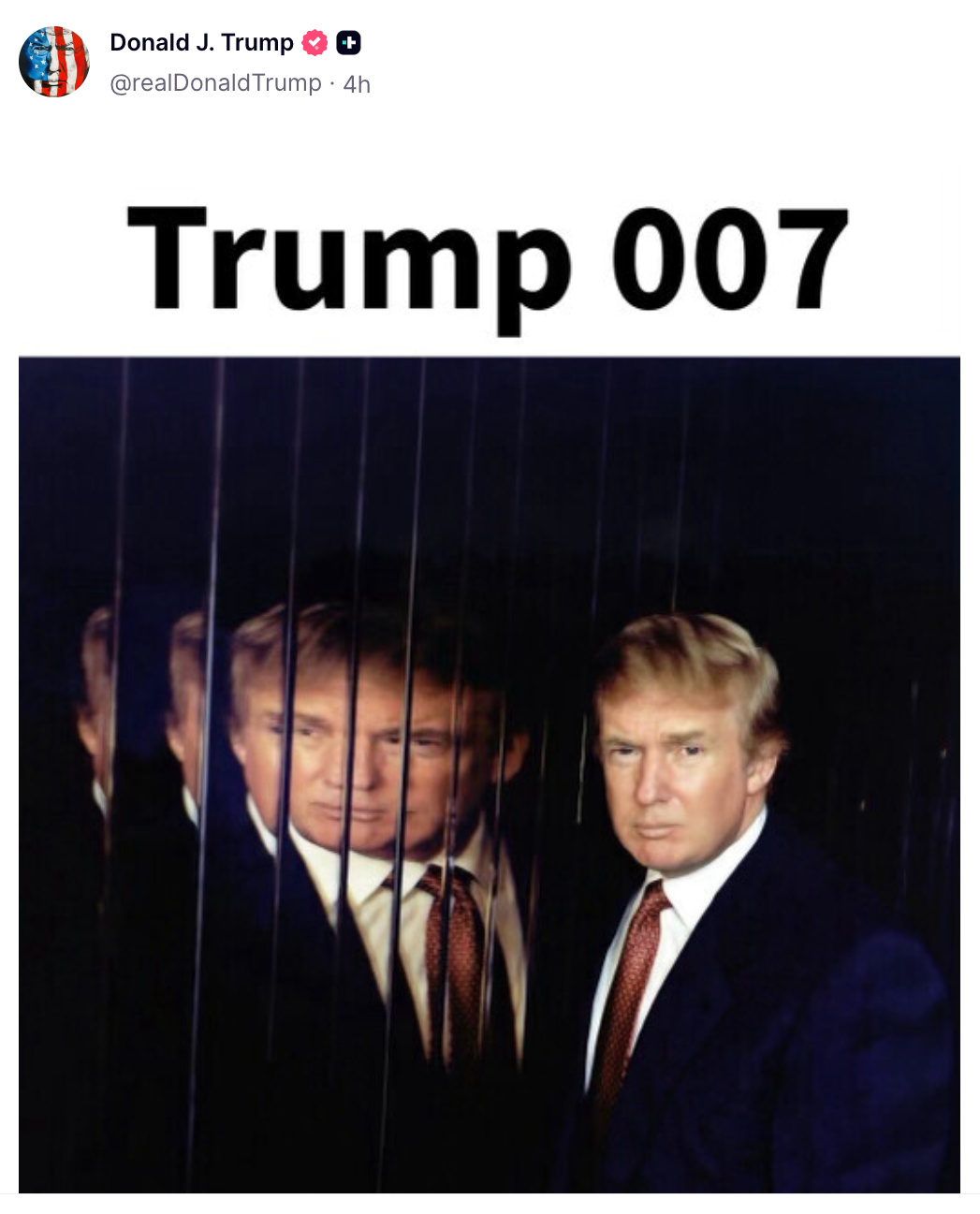 ប្រធានាធិបតី Donald Trump បានប្រៀបធៀបខ្លួនគាត់ទៅនឹង James Bond នៅក្នុង meme ចុងក្រោយរបស់គាត់ស្តីពីការពិតសង្គម