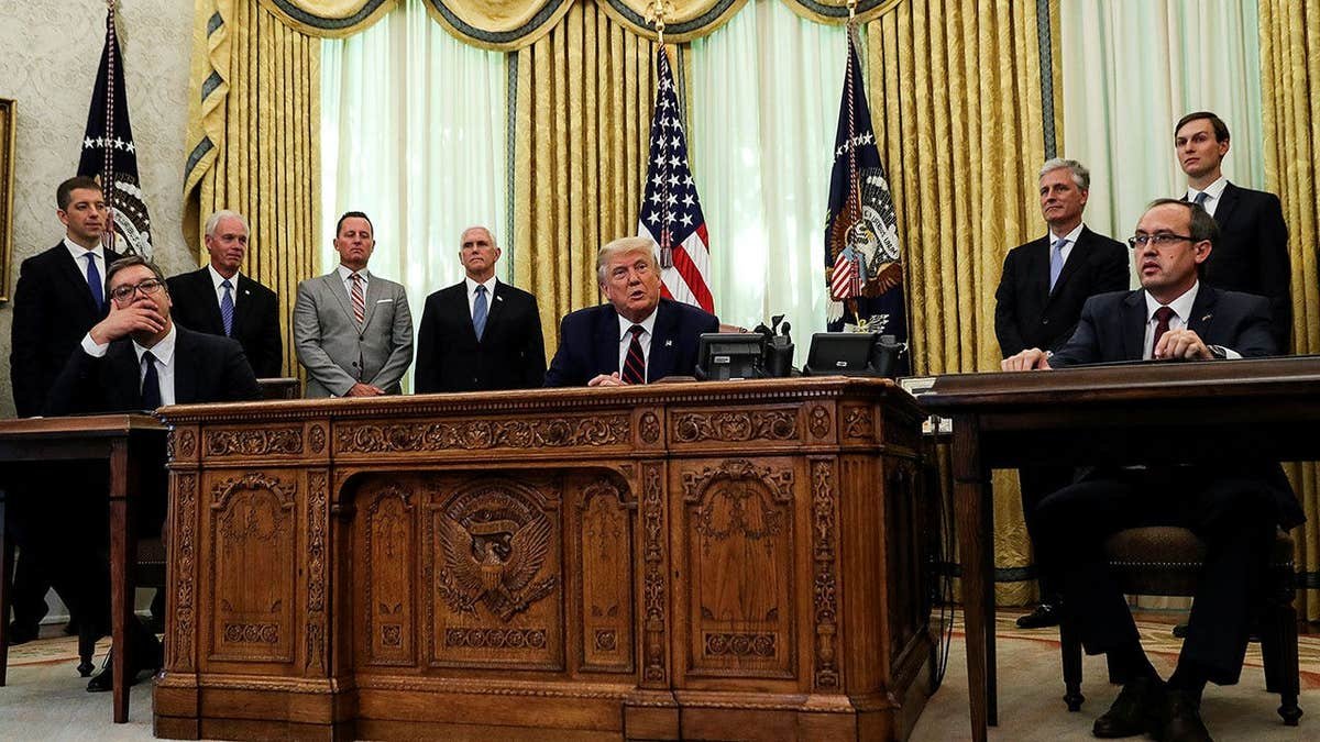 ប្រធានាធិបតីអាមេរិក លោក Donald Trump ថ្លែងក្នុងជំនួបជាមួយប្រធានាធិបតីស៊ែប៊ី លោក Aleksandar Vucic