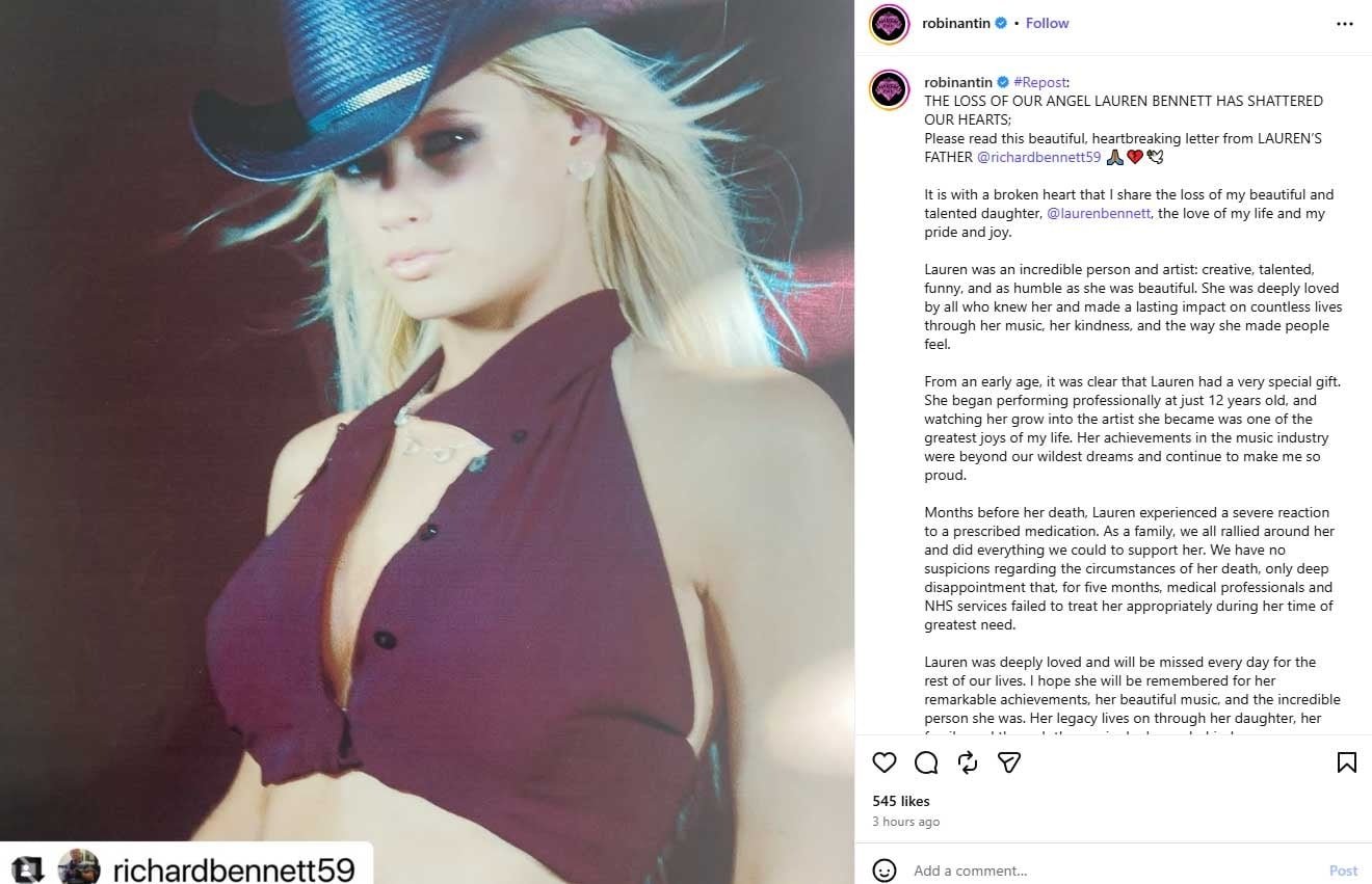 ឪពុករបស់ Lauren Bennett ចេញសេចក្តីថ្លែងការណ៍មួយ និងចែករំលែកព័ត៌មានលម្អិតអំពីមូលហេតុនៃការស្លាប់