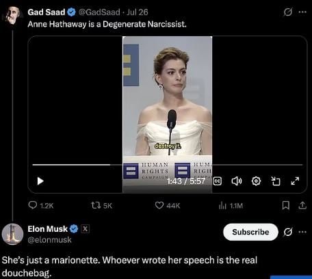 Elon Musk វាយប្រហារតារាសម្តែង Anne Hathaway យ៉ាងព្រៃផ្សៃ៖ នាងគ្រាន់តែជាអាយ៉ងប៉ុណ្ណោះ។