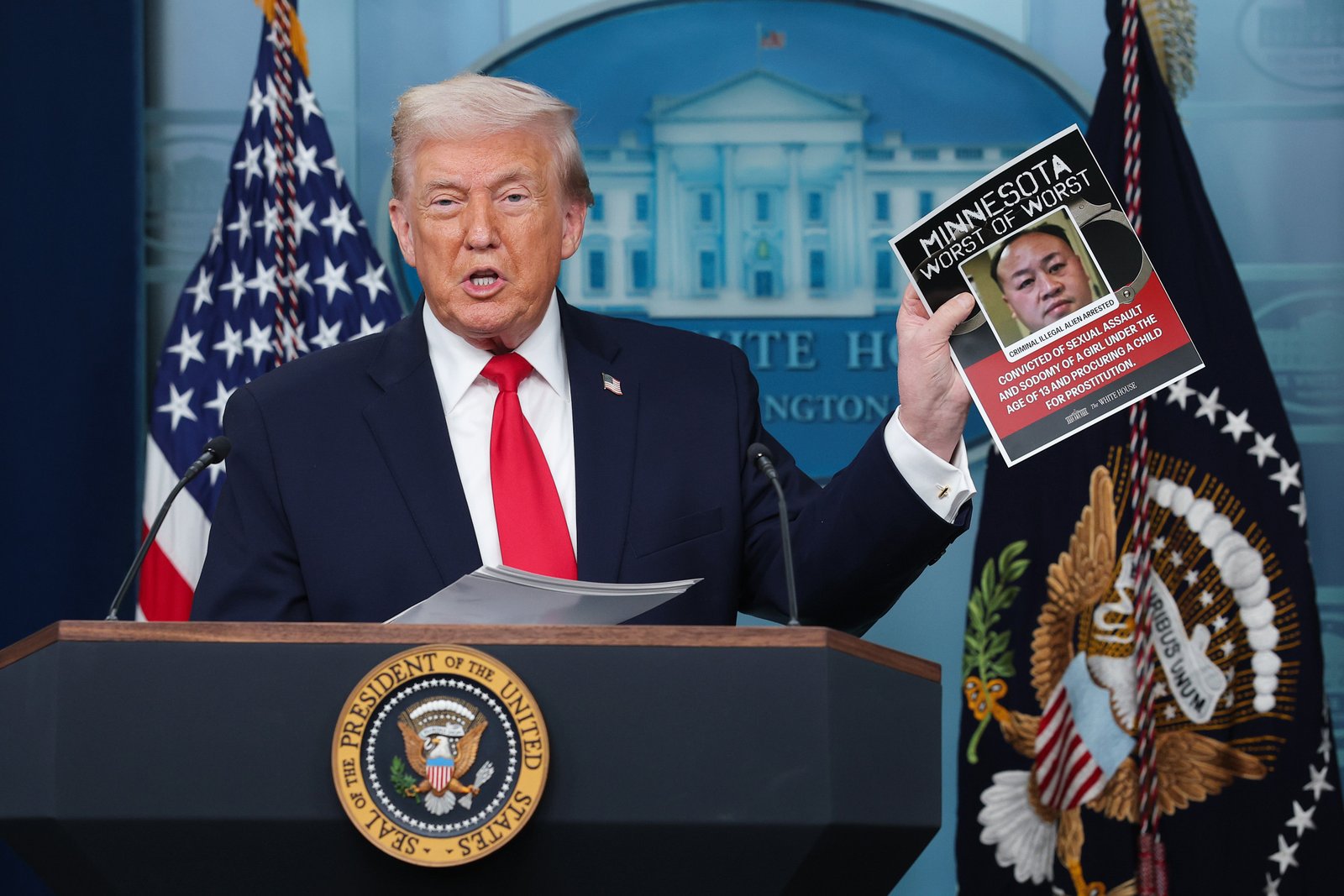 លោក​ប្រធានាធិបតី Donald Trump បង្ហាញ​រូបថត​នៃ​អ្វី​ដែល​លោក​បាន​និយាយ​ថា​ជា​ជន​អន្តោប្រវេសន៍​ខុស​ច្បាប់​ដែល​ត្រូវ​បាន​ចាប់​ខ្លួន​ក្នុង​អំឡុង​ពេល​សន្និសីទ​សារព័ត៌មាន​ក្នុង​បន្ទប់​សង្ខេប​ព័ត៌មាន James S. Brady នៃ​សេតវិមាន​ក្នុង​រដ្ឋ Minnesota កាលពី​ថ្ងៃទី២០ ខែមករា ឆ្នាំ២០២៦។
