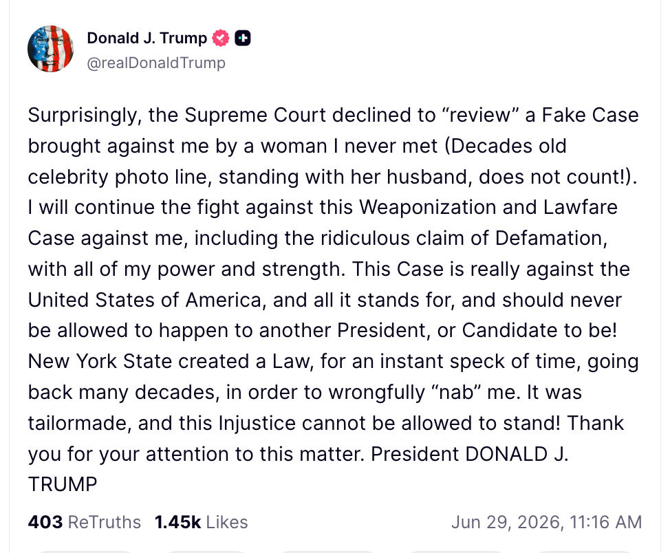 Trump បានទទូចម្តងទៀតថាគាត់មិនដែលជួប E. Jean Carroll ហើយបានទទូចថាគាត់នឹងបន្តប្រឆាំងនឹងសាលក្រមដែលមានតម្លៃរាប់លានដុល្លារនៅក្នុងករណីរំលោភបំពានផ្លូវភេទនិងបរិហារកេរ្តិ៍។