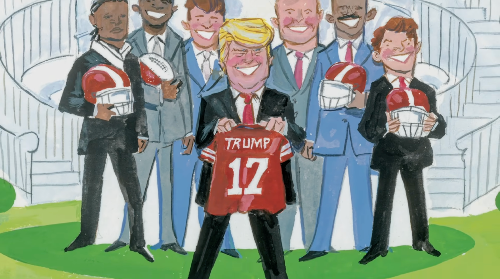ទំព័រអំពី Trump បានបង្ហាញគាត់កាន់អាវហើយញញឹមខណៈដែលអត្តពលិកមកលេងឈរនៅពីក្រោយគាត់