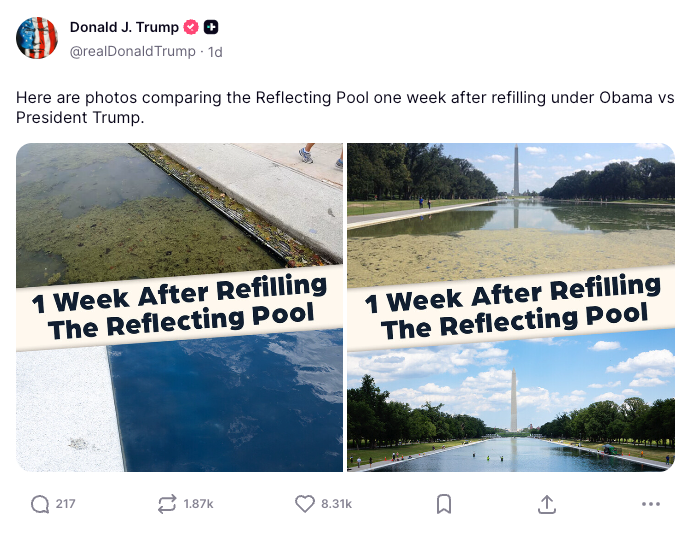 Trump បន្តហៅដំណោះស្រាយអាងដែលឆ្លុះបញ្ចាំងរបស់គាត់ថាជាជោគជ័យមួយ ទោះបីជាគាត់តស៊ូជាមួយសារាយដែលរីកដូចអ្នកកាន់តំណែងមុនរបស់គាត់ក៏ដោយ។