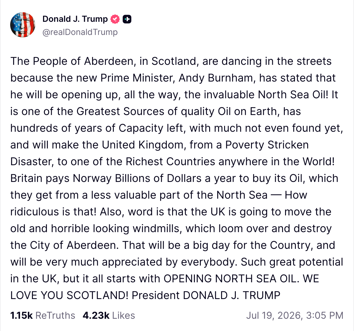 លោក Donald Trump បានបង្ហោះអំពីផែនការរបស់ Burnham សម្រាប់អាជ្ញាប័ណ្ណប្រេង និងឧស្ម័ននៅសមុទ្រខាងជើង