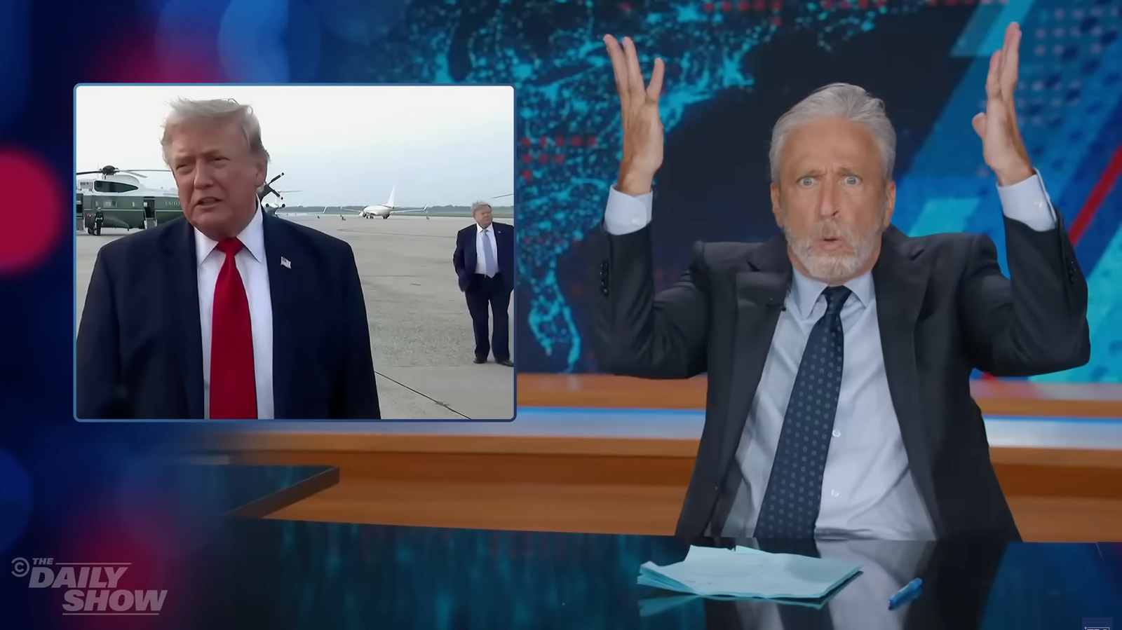 លោក Jon Stewart បាននិយាយលេងសើចអំពីរូបរាងដ៏អាថ៌កំបាំងដែលស្រដៀងនឹងប្រធានាធិបតី Donald Trump បន្ទាប់ពីការប្រកួត World Cup វគ្គផ្តាច់ព្រ័ត្រកាលពីថ្ងៃអាទិត្យ