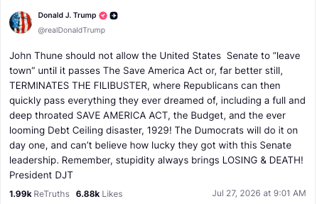 Trump កំពុងទាមទារឱ្យព្រឹទ្ធសភាផ្លាស់ប្តូរច្បាប់របស់ខ្លួនដើម្បីអនុម័តច្បាប់ដែលនឹងរឹតបន្តឹងសិទ្ធិបោះឆ្នោតទូទាំងប្រទេស