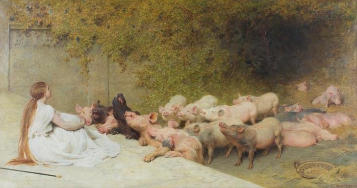 Circe with the Pigs ដែលជាចក្ខុវិស័យដ៏គួរឱ្យភ័យខ្លាចនៃការកេងប្រវ័ញ្ចរបស់ Circe ត្រូវបានគូរនៅឆ្នាំ 1896 ដោយវិចិត្រករជនជាតិអង់គ្លេស Brighton Riviere ។