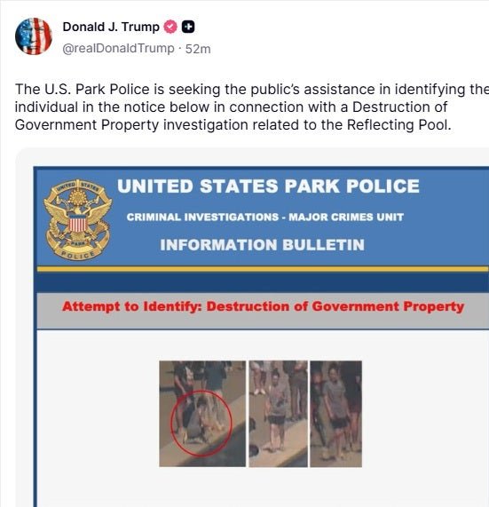 លោក Donald Trump បានខិតខំប្រឹងប្រែងដើម្បីជួយប៉ូលីសឧទ្យានអាមេរិកតាមចាប់ខ្លួនជនសង្ស័យម្នាក់ទៀតដែលបំផ្លិចបំផ្លាញនៅឯអាងឆ្លុះបញ្ចាំងកាលពីថ្ងៃអាទិត្យ